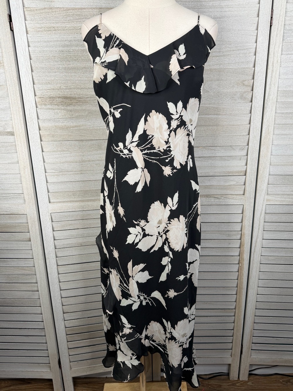 EXPRESS Vintage 90's Ruffle Floral Slip Dress Black/Beige-13/14
